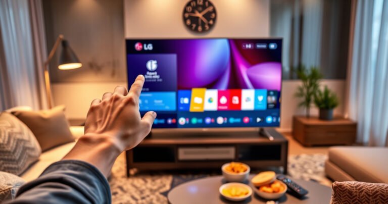 A sleek LG Smart TV displayed prominently in a cozy living room, its screen showing a colorful app interface. A hand reaches out to tap the screen, surrounded by plush cushions and soft lighting. In the background, a modern coffee table holds snacks and a remote, creating a warm, inviting atmosphere of tech and relaxation.