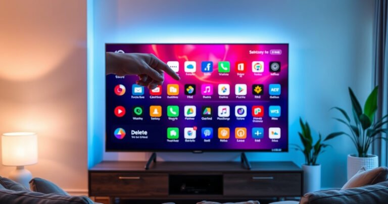 A sleek Samsung Smart TV glowing in a modern living room, displaying a vibrant app interface filled with colorful icons. A hand hovers over a specific app, poised to press 'delete'. Soft ambient lighting casts a serene atmosphere, while a cozy couch and decorative plants complete the stylish tech-savvy space.