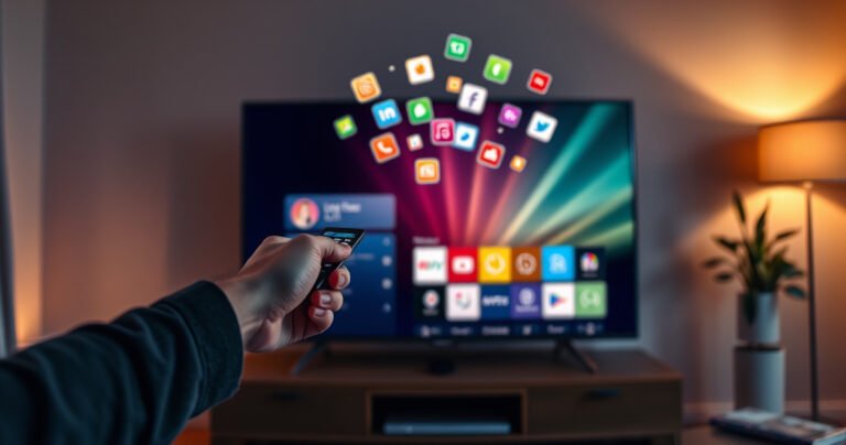 A sleek LG Smart TV illuminated in a cozy living room, showing a vibrant app interface on screen. A hand reaches towards the remote, poised to press a button, while colorful app icons float above the TV, surrounded by a soft glow. Warm lighting casts gentle shadows, creating an inviting atmosphere of modern technology.