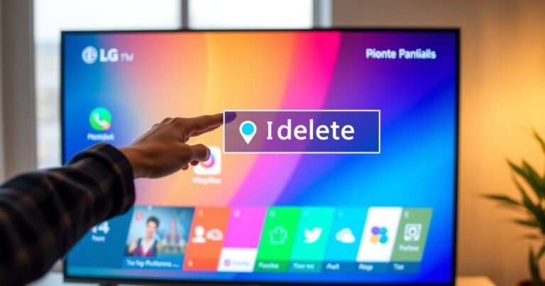 An LG Smart TV displaying a vibrant home screen with colorful app icons, a user’s hand reaching towards an app, a digital overlay highlighting a delete option in bold. The background is softly blurred, creating a modern, tech-savvy atmosphere, with light reflecting off the sleek TV surface, emphasizing the user-friendly interface.