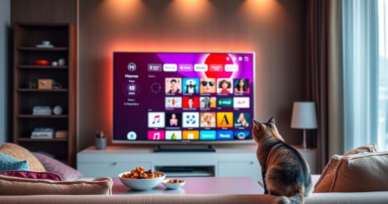 A modern Hisense Smart TV displaying a vibrant app store interface, surrounded by a cozy living room setting. Soft, ambient lighting highlights a comfortable sofa with colorful cushions, a sleek coffee table with snacks, and a curious cat watching the screen, creating an inviting atmosphere for tech exploration and family enjoyment.