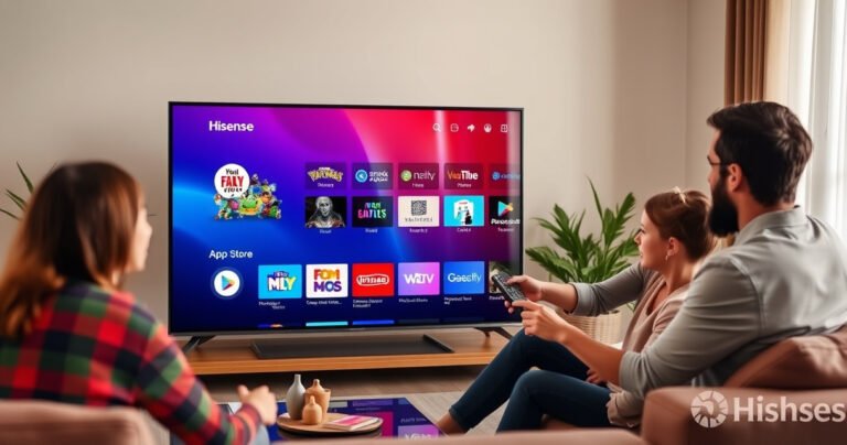 A sleek, modern Hisense Smart TV displays a vibrant app store interface, surrounded by a cozy living room with soft lighting. A family excitedly interacts with the TV using a remote, showcasing colorful app icons like games and streaming services. In the background, a stylish sofa and decorative plants create a warm, inviting atmosphere.