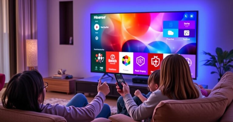A sleek, modern Hisense Smart TV glows with vibrant app icons displayed on a colorful interface, set in a cozy living room with plush furniture and soft lighting. A user sits comfortably, remote in hand, immersed in the digital world, surrounded by family, showcasing a blend of technology and togetherness.