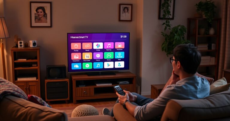 A cozy living room featuring a vintage Hisense Smart TV displaying colorful app icons, surrounded by a comfortable couch and warm lighting. A user, casually dressed, sits with a remote, looking intrigued as they explore the screen, while a small bookshelf with tech gadgets and plants adds a touch of modernity to the nostalgic setting.