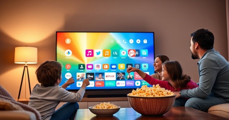 A sleek Philips Smart TV glowing in a cozy living room, displaying a vibrant app store interface. A family of four eagerly points at the screen, surrounded by colorful app icons. Soft ambient light from a nearby lamp casts a warm glow, while a bowl of popcorn sits on the coffee table, creating a welcoming and engaging atmosphere.