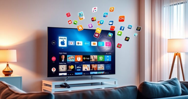 A sleek Philips Smart TV displaying a vibrant app store interface, surrounded by colorful app icons floating in a digital cloud. Bright, inviting living room setting with warm lighting, a cozy sofa, and a remote control resting nearby. Subtle hints of technology, like a tablet and smartphone, showcasing modern connectivity and convenience.