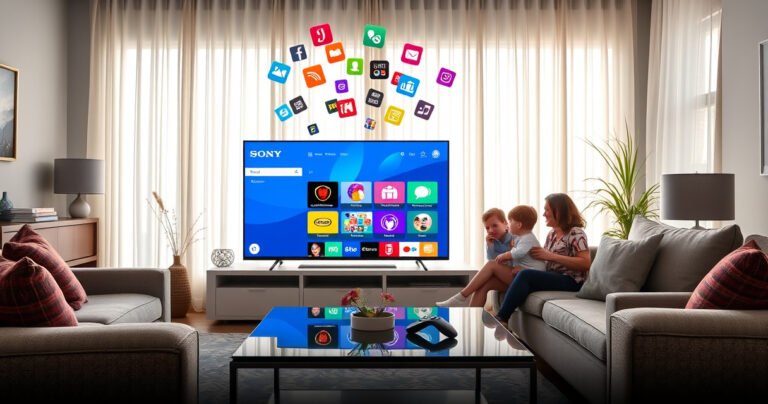 A modern living room showcasing a sleek Sony Smart TV displaying a vibrant app interface, surrounded by cozy furniture. Bright sunlight filters through sheer curtains, highlighting a family gathered around, excitedly discussing app options. A remote control rests on a stylish coffee table, while colorful app icons float above the screen, inviting exploration and connection.