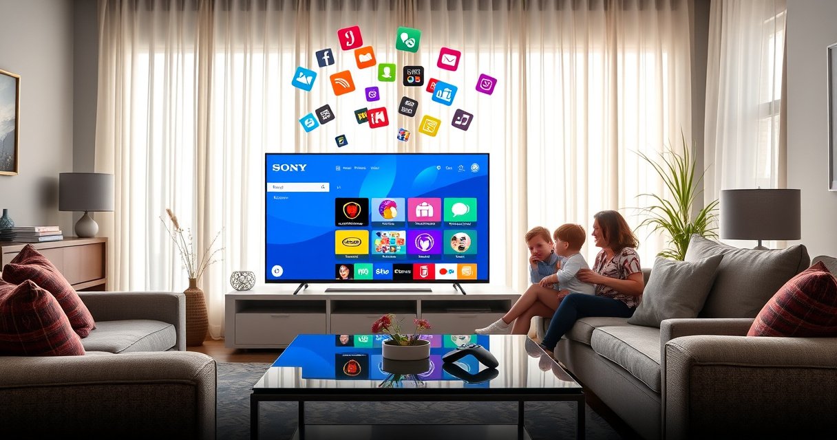 A modern living room showcasing a sleek Sony Smart TV displaying a vibrant app interface, surrounded by cozy furniture. Bright sunlight filters through sheer curtains, highlighting a family gathered around, excitedly discussing app options. A remote control rests on a stylish coffee table, while colorful app icons float above the screen, inviting exploration and connection.