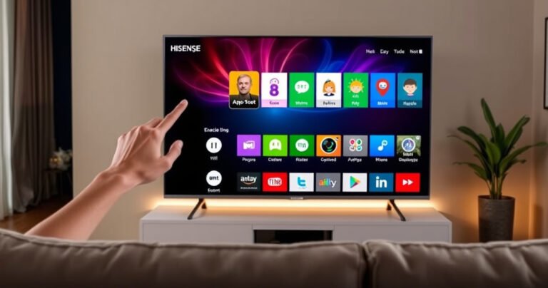 A sleek Hisense Smart TV displaying a vibrant app store interface, colorful icons popping against a dark background. A hand is seen navigating the screen, showcasing ease of use. Surrounding the TV, a cozy living room setting with a plush couch, warm lighting, and a hint of modern decor, inviting viewers to enhance their entertainment experience.