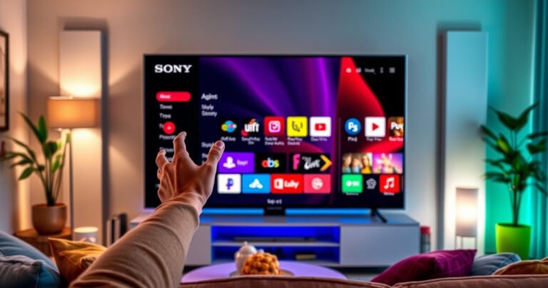 A sleek Sony Smart TV dominates a modern living room, surrounded by vibrant decor. The screen displays a colorful app store interface with various app icons. A hand reaches out, poised to select an app, while a cozy sofa and ambient lighting create a warm, inviting atmosphere that encourages technology exploration.