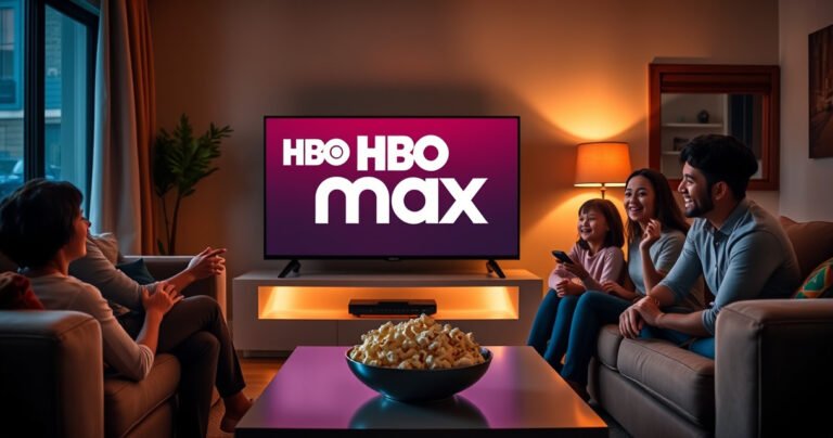 A cozy living room with an LG Smart TV displaying the HBO Max logo, soft ambient lighting casting a warm glow, a plush sofa adorned with colorful cushions, popcorn in a bowl on a sleek coffee table, a family happily gathered around, excited expressions as they prepare for movie night together.