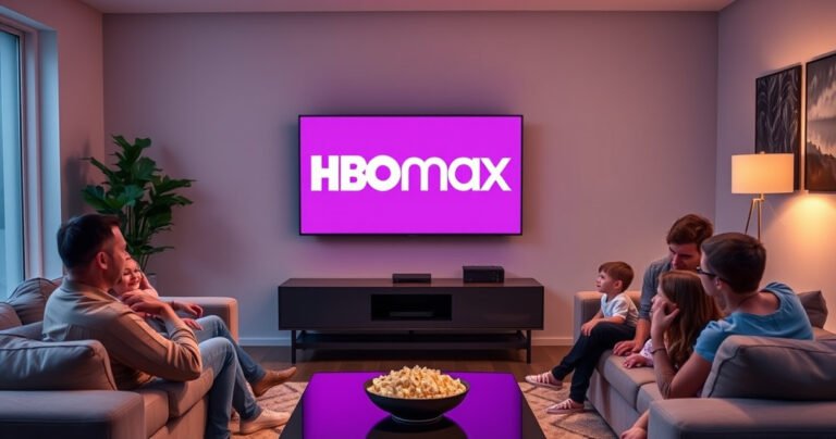 A sleek modern living room featuring a Samsung Smart TV displaying the HBO Max logo, surrounded by cozy furniture, a bowl of popcorn on a stylish coffee table, soft ambient lighting creating a warm atmosphere, and a family gathered excitedly in front of the TV, ready to start their favorite show.