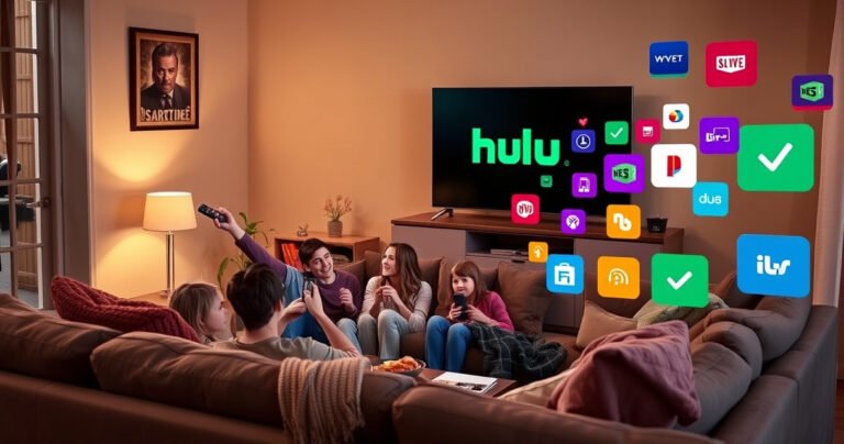 A cozy living room scene featuring a sleek smart TV displaying the Hulu logo, with a family gathered on a plush sofa, excitedly holding remote controls. Soft, warm lighting illuminates the room filled with snacks and blankets, while a colorful array of streaming device icons subtly floats in the background, symbolizing easy access to entertainment.