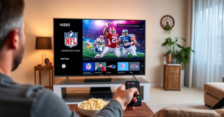 A sleek Vizio Smart TV displaying the NFL app interface, vibrant team logos and game highlights glowing on the screen. In the background, a cozy living room with a football-themed decor, a bowl of popcorn on the coffee table, and a football enthusiast eagerly holding a remote, ready to dive into the action.