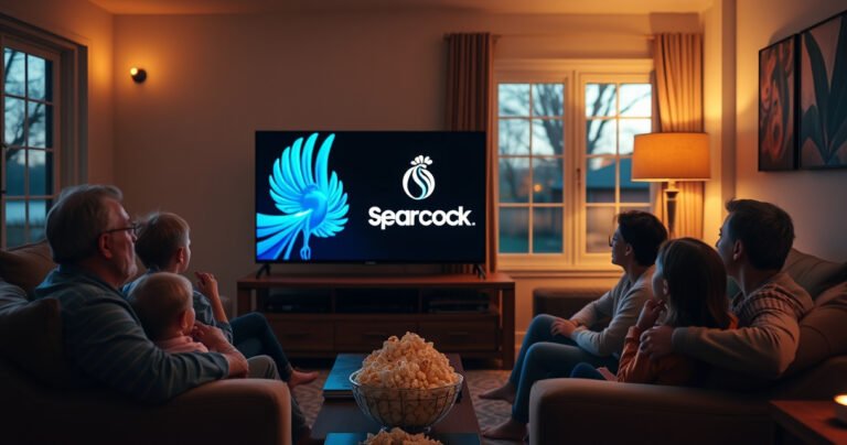A cozy living room featuring a sleek Samsung Smart TV displaying the Peacock logo, surrounded by plush couches and a popcorn bowl. Warm lighting creates an inviting atmosphere, with a family eagerly gathering around the TV, their faces illuminated by the screen's glow. A window reveals a peaceful evening outside, enhancing the sense of home entertainment.