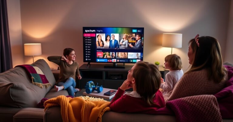 A cozy living room scene with an LG Smart TV displaying the Spectrum app interface, surrounded by a family enjoying movie night. Soft lighting highlights the plush sofa, popcorn bowl, and colorful throw blankets. A warm atmosphere with a hint of excitement, as the family engages with the vibrant screen, ready to explore their favorite shows.