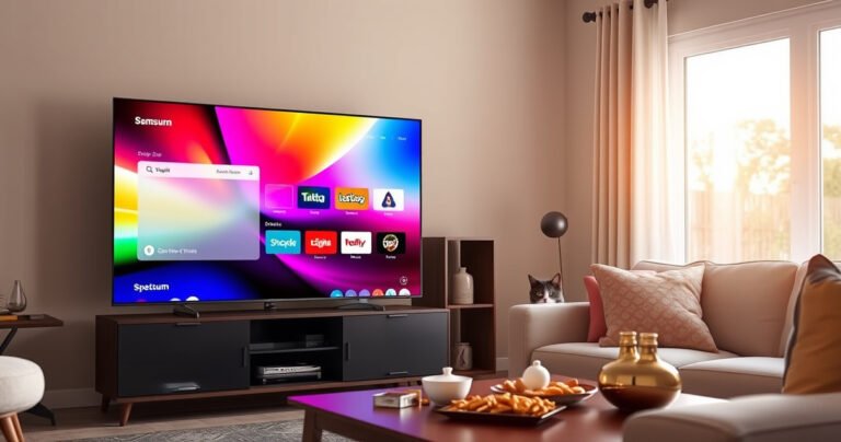 A sleek Samsung Smart TV displaying the Spectrum app interface, vibrant colors illuminating the screen. A cozy living room setting with a modern sofa, a coffee table cluttered with snacks, and a curious cat peeking from behind. Soft evening light filters through a window, creating a warm, inviting atmosphere perfect for family entertainment.
