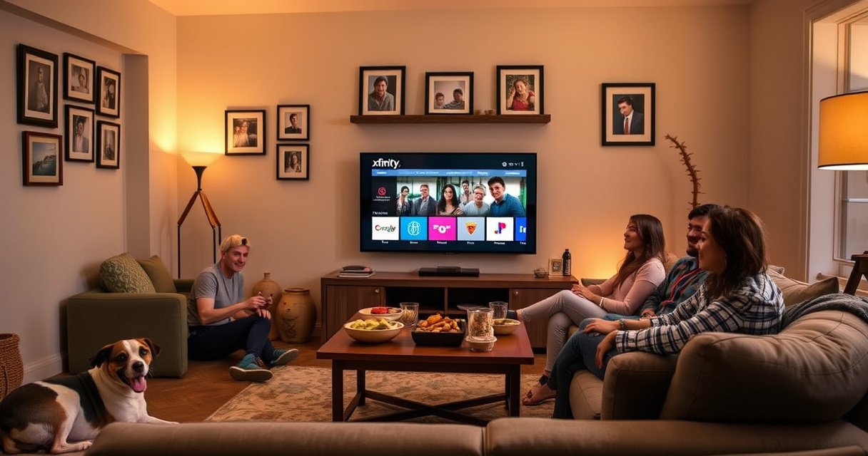 A cozy living room with a sleek smart TV displaying the Xfinity app interface, a family gathered on a comfortable couch, colorful snacks on the table, warm lighting creating an inviting atmosphere, walls adorned with framed family photos, a playful dog lounging nearby, emphasizing a joyful and modern tech-savvy home environment.
