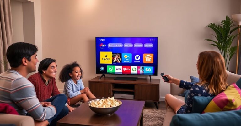 A cozy living room with a modern Vizio Smart TV displaying vibrant app icons, a family gathered around the TV, excited expressions, a sleek remote in hand, soft ambient lighting, a bowl of popcorn on a coffee table, colorful cushions on a stylish sofa, and a warm atmosphere that invites viewers to engage with technology effortlessly.