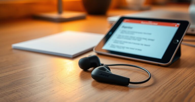 A close-up of sleek Bose earbuds resting on a stylish wooden desk, surrounded by a soft glow of warm light, with a digital notepad displaying step-by-step instructions in the background, hinting at technology and simplicity, evoking a sense of clarity and focus in a modern workspace.