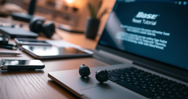 A close-up of sleek Bose QC earbuds resting on a wooden desk, surrounded by scattered tech gadgets and a glowing laptop screen displaying a reset tutorial. Soft, ambient lighting casts gentle shadows, highlighting the earbuds’ elegant design. A hint of a cozy workspace in the background adds a warm, inviting feel to the scene.