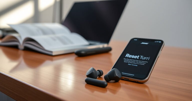 A sleek pair of Bose QuietComfort earbuds resting on a polished wooden desk, surrounded by a glowing laptop, an open user manual, and a smartphone displaying a reset tutorial, with soft ambient lighting casting gentle shadows, evoking a sense of calm and focus in a modern tech workspace.