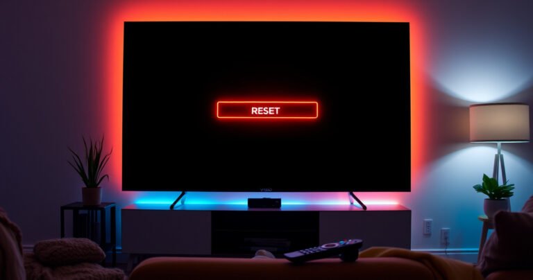 A sleek Vizio Smart TV with a glowing reset menu on a vibrant living room wall, illuminated by soft ambient lighting. The remote control lies invitingly nearby, surrounded by cozy furniture and a modern decor, conveying a sense of ease and simplicity in technology as a user prepares for a fresh start.