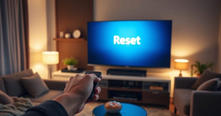 A sleek LG Smart TV displaying a glowing reset screen in a modern living room, surrounded by cozy furniture and soft lighting. A hand reaches towards the remote, poised to press the reset button, with a subtle hint of anticipation and technology. A warm ambiance sets the stage for a tech-savvy lifestyle.