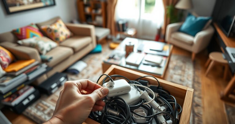 A cluttered living room with vibrant cushions, a coffee table strewn with colorful magazines, and a soft rug. In the foreground, a pair of hands sifts through a messy drawer filled with tangled chargers and miscellaneous items, revealing a sleek, modern earbud case glimmering with a hint of sunlight filtering through a nearby window.