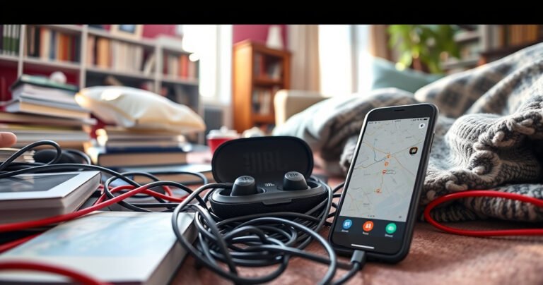 A cluttered living room with vibrant colors, showcasing a stylish JBL earbuds case hidden among tangled charging cables, books, and a cozy blanket. Soft sunlight streams through a window, illuminating the case's sleek design, while a smartphone with a mapping app sits nearby, hinting at the search for lost items.