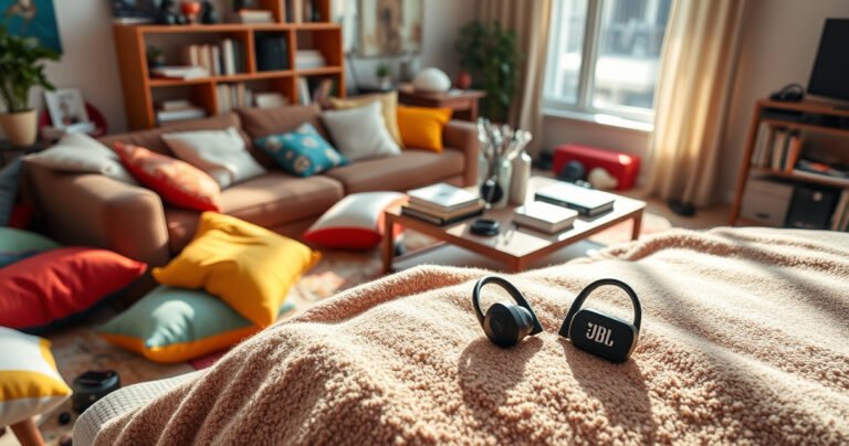 A vibrant scene of a modern, cluttered living room with colorful cushions scattered, a coffee table adorned with books and gadgets, and a pair of lost JBL earbuds peeking out from a cozy blanket, sunlight streaming through a window, casting playful shadows and highlighting the search for these elusive audio companions.