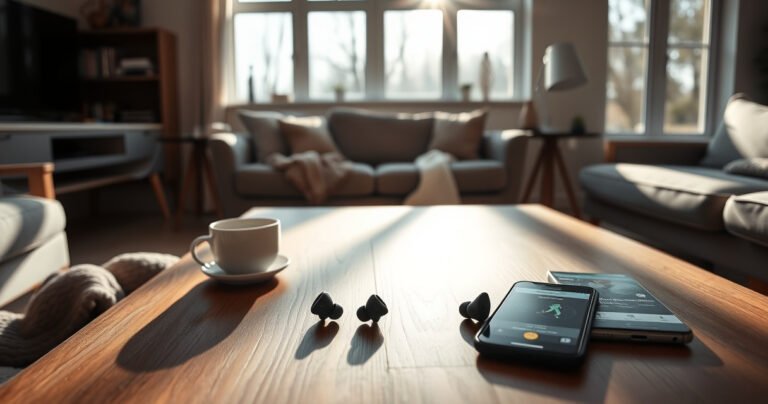 A serene living room with a cozy ambiance, sunlight streaming through large windows, casting soft shadows. A pair of sleek Bose QuietComfort Earbuds 2 sits prominently on a stylish wooden coffee table, surrounded by scattered cozy items like a warm blanket, a steaming mug of tea, and a smartphone displaying a tracking app.