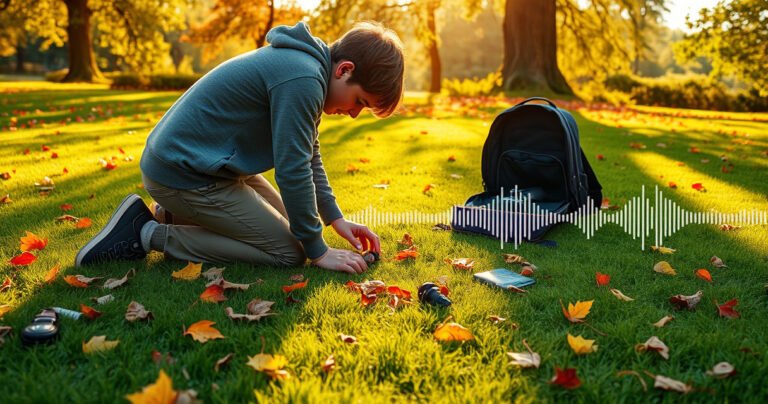 A person kneeling on a vibrant green lawn, surrounded by colorful fallen leaves, intensely searching for their lost Bose QuietComfort earbuds. Nearby, an open backpack reveals a few scattered items, while the golden sunlight filters through the trees, casting playful shadows. A faint sound wave graphic subtly overlays the scene, hinting at audio technology.
