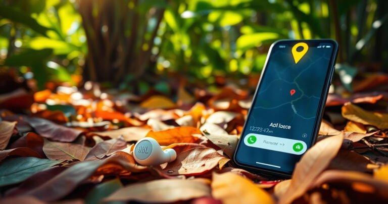 A close-up of a vibrant jungle floor, where colorful fallen leaves surround a partially buried white JBL earbud. Sunlight filters through lush green foliage, casting dappled shadows. Nearby, a smartphone screen displays a locating app, with a glowing map pin hovering over the earbud, symbolizing the search for lost items in nature's embrace.