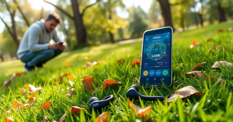 A serene park scene with a vibrant green lawn, a pair of sleek JLab earbuds lying on the grass, surrounded by autumn leaves. Nearby, a person crouches, scanning the ground with a hopeful expression, while a smartphone displays a tracking app, sunlight filtering through trees, creating a warm, inviting atmosphere of discovery and possibility.