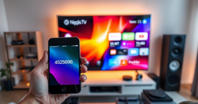 A close-up view of a sleek modern smart TV displaying a vibrant, colorful home screen. In the foreground, a hand holds a smartphone with a glowing MAC address on its screen. Surrounding the TV are various tech gadgets, with soft ambient lighting creating a cozy living room atmosphere, highlighting the fusion of technology and home life.