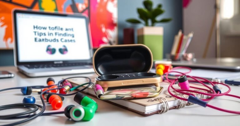 A vibrant scene featuring a colorful array of Skullcandy earbuds scattered across a stylish workspace. In the background, a sleek, open laptop displays tips on finding earbuds cases, while a bright, abstract wall art adds energy. The focal point is a shiny Skullcandy case, partially hidden under a trendy notebook, inviting curiosity and exploration.