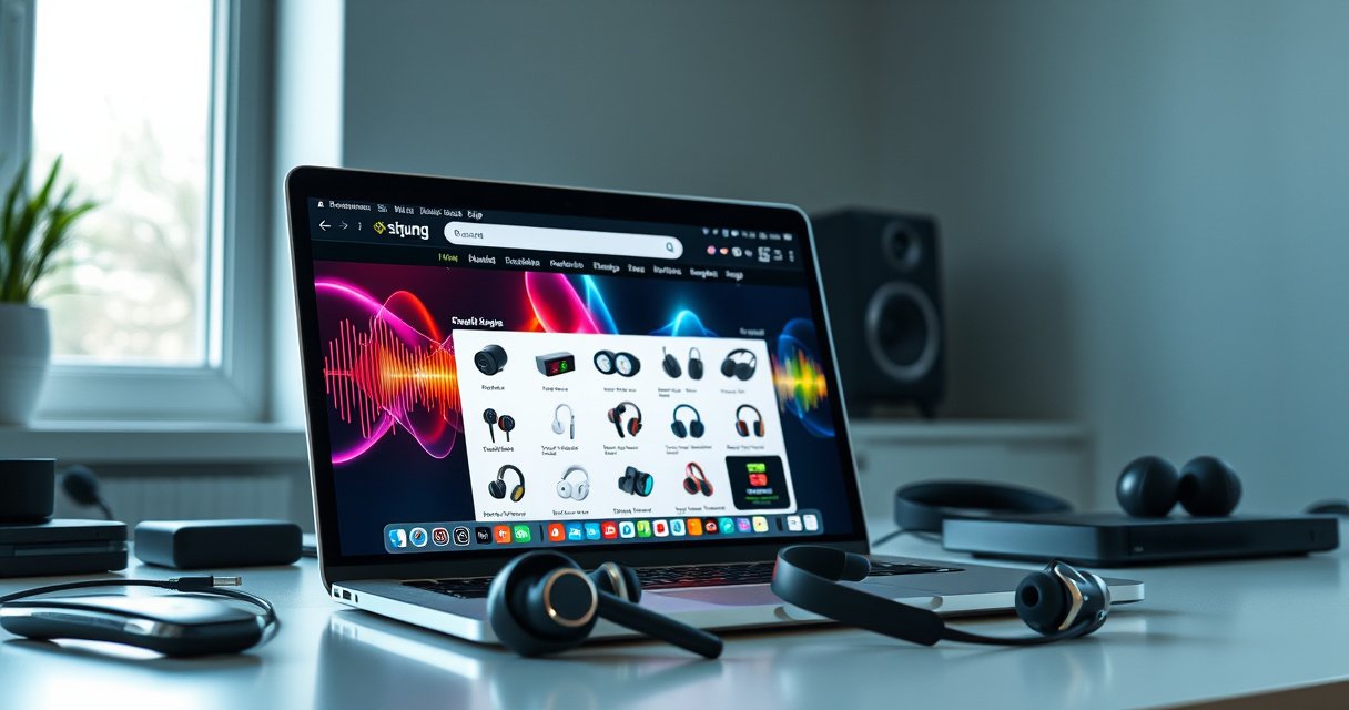 An open laptop displaying a vibrant online store filled with various wireless earphones, surrounded by colorful sound waves and tech gadgets, against a sleek, modern workspace backdrop. Soft natural light filters through a nearby window, highlighting a pair of stylish earphones resting on the desk, inviting the viewer to explore the world of sound.
