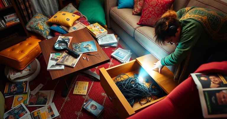 A vibrant, cluttered living room scene scattered with colorful cushions and magazines, a magnifying glass and a small flashlight on a coffee table, an open drawer with tangled cords spilling out, and a frustrated person searching under the couch, a beam of light illuminating a glimpse of a hidden earbud case peeking out.