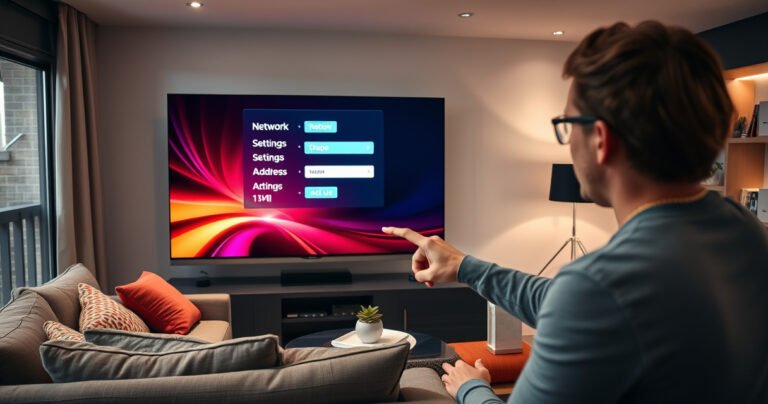 A sleek modern living room featuring a large smart TV displaying a vibrant network settings menu, with a close-up on the MAC address line, surrounded by a cozy sofa, colorful throw pillows, and soft ambient lighting, while a curious person points at the screen, highlighting the tech-savvy atmosphere.