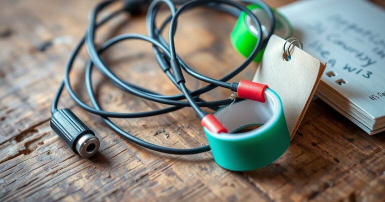 A close-up of a pair of frayed earphone wires intertwined with colorful, vibrant tools like scissors and electrical tape, set against a rustic wooden table. Soft light illuminates the scene, highlighting the textures of the wires and tools, while a small notebook with repair notes peeks from the corner, creating an inviting, DIY atmosphere.