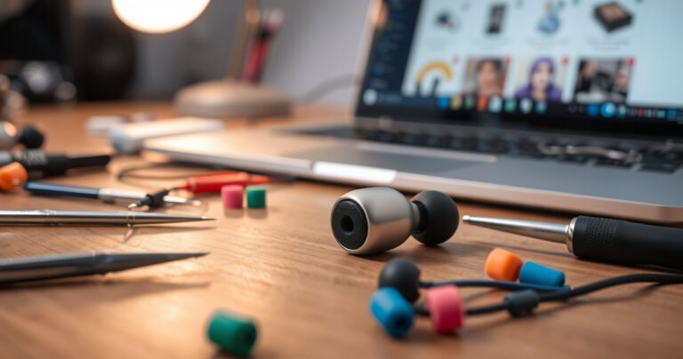 A close-up of a pair of Raycon earbuds on a wooden table, surrounded by small tools like tweezers and a screwdriver, with a soft glow illuminating the scene. In the background, a blurred laptop screen displays repair guides, while scattered colorful wires and ear tips add a sense of DIY creativity.