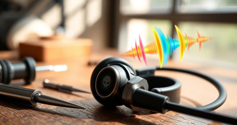 A close-up of a pair of Skullcandy earphones on a wooden workbench, surrounded by tiny tools like a screwdriver and tweezers. Soft natural light filters through a nearby window, highlighting the intricate details of the earphones, while a few colorful sound waves swirl around, symbolizing audio troubleshooting in action.