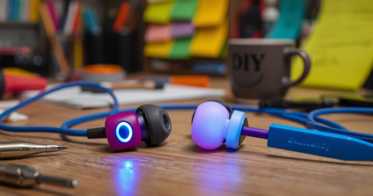 A close-up of a pair of vibrant Skullcandy earphones sprawled on a wooden table, one earbud glowing softly with a faint blue light, surrounded by small tools like a screwdriver and wire cutters, and a blurred background of a cozy workspace with colorful notes and a cup of coffee, reflecting a DIY spirit.