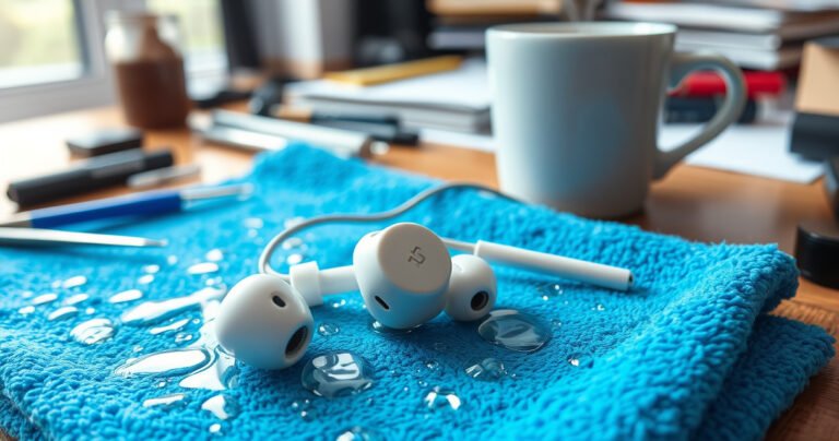A close-up of disassembled earbuds surrounded by droplets of water, with a vibrant blue towel beneath. Scattered tools like tweezers and cotton swabs reflect a sense of urgency. In the background, a steaming cup of coffee sits on a cluttered desk, hinting at a DIY repair session in progress, with light filtering through a nearby window.