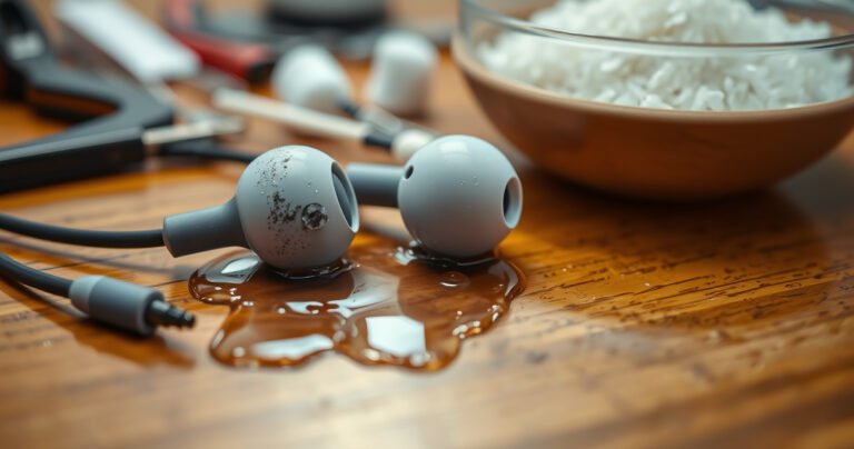 A close-up of a pair of water-damaged earphones resting on a wooden table, glistening droplets of water pooling around them, with a soft, blurred background of a repair toolkit featuring tiny tools, cotton swabs, and a bowl of rice, evoking a sense of urgency and hope for restoration.
