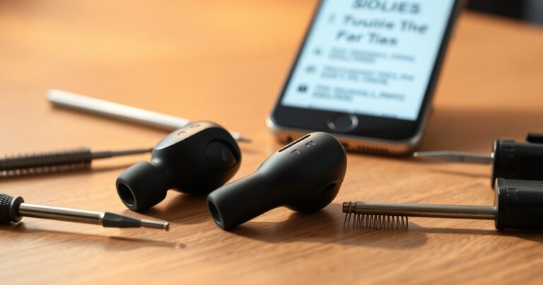 A close-up of a pair of sleek, modern wireless earbuds resting on a wooden table, surrounded by tools like a tiny screwdriver and a cleaning brush, with a glowing smartphone displaying troubleshooting steps in the background, warm light casting soft shadows, evoking a sense of repair and technology.