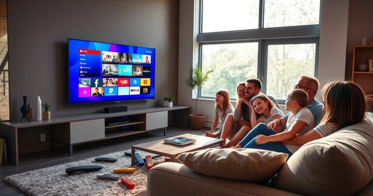 A sleek modern living room with a stylish smart TV displaying vibrant cable channels, colorful remote controls scattered on a plush sofa, and a friendly family gathered around, joyfully engaging with technology. Sunlight streams through large windows, casting warm light on cozy decor, illustrating a seamless blend of comfort and innovation in home entertainment.