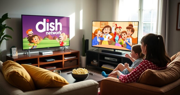 A cozy living room with a modern smart TV displaying the Dish Network logo, surrounded by a family happily watching a colorful animated show. Bright pillows on a plush sofa, a bowl of popcorn on a coffee table, and sunlight streaming through a window, creating a warm and inviting atmosphere for entertainment.