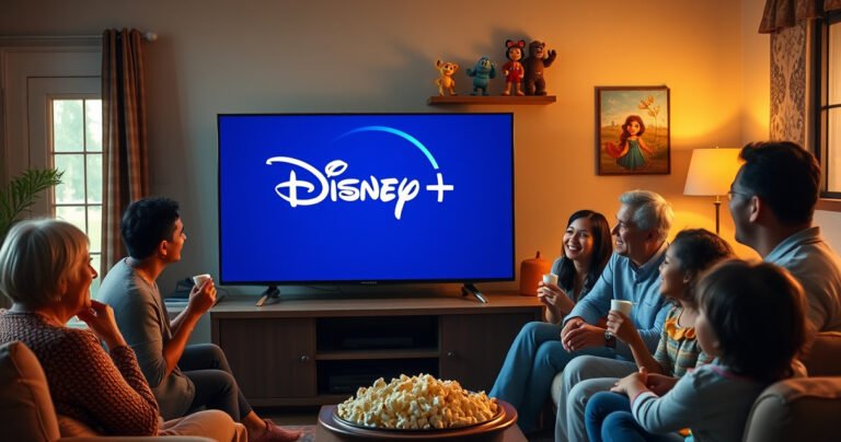 A cozy living room featuring an older Samsung Smart TV displaying the Disney Plus logo, surrounded by a family of diverse individuals happily enjoying popcorn, with colorful Disney character figurines on the shelf and warm light streaming through a window, creating a nostalgic, inviting atmosphere perfect for family movie nights.